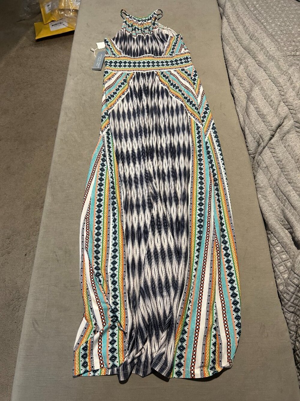 NWT LONDON TIMES Geometric Ikat Border Halter Maxi Dress Petite Multi 4P